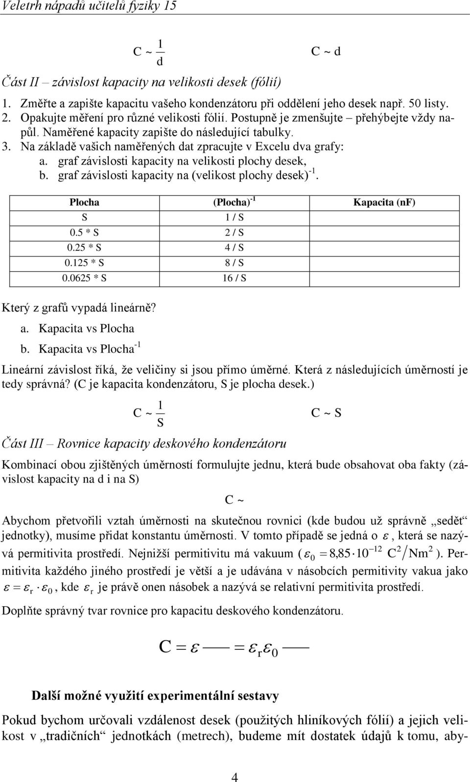 graf závislosti kapacity na velikosti plochy desek, b. graf závislosti kapacity na (velikost plochy desek) -1. Plocha (Plocha) -1 Kapacita (nf) S 1 / S 0.5 * S / S 0.5 * S 4 / S 0.15 * S 8 / S 0.