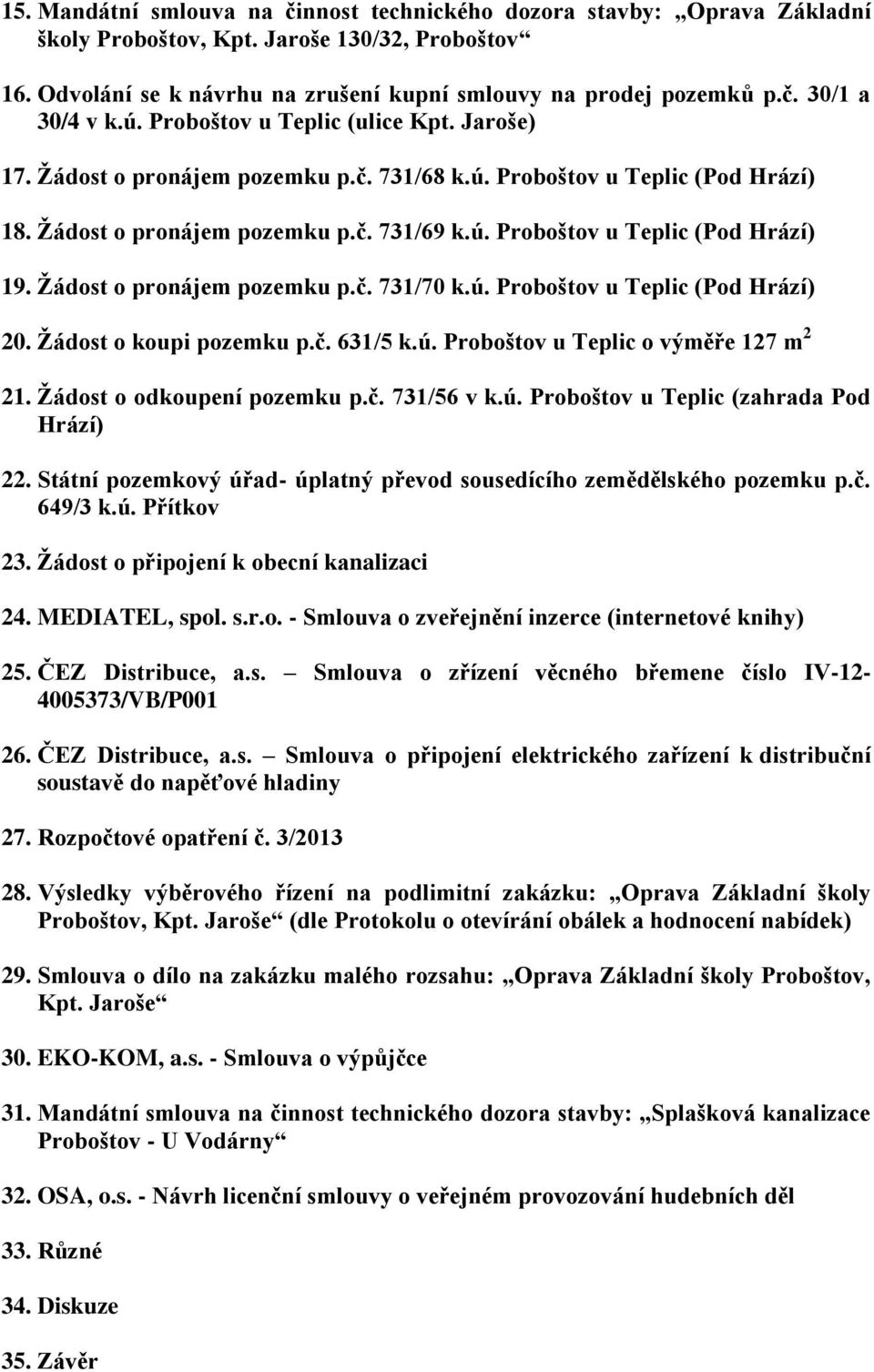 Žádost o pronájem pozemku p.č. 731/70 k.ú. Proboštov u Teplic (Pod Hrází) 20. Žádost o koupi pozemku p.č. 631/5 k.ú. Proboštov u Teplic o výměře 127 m 2 21. Žádost o odkoupení pozemku p.č. 731/56 v k.