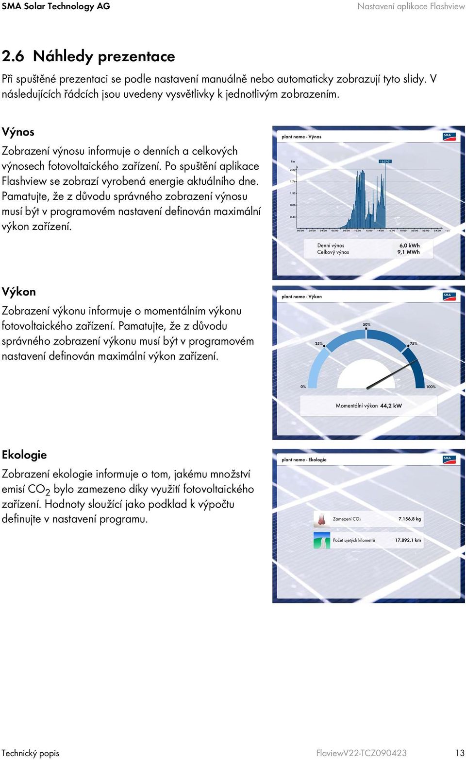 Po spuštění aplikace Flashview se zobrazí vyrobená energie aktuálního dne. Pamatujte, že z důvodu správného zobrazení výnosu musí být v programovém nastavení definován maximální výkon zařízení.