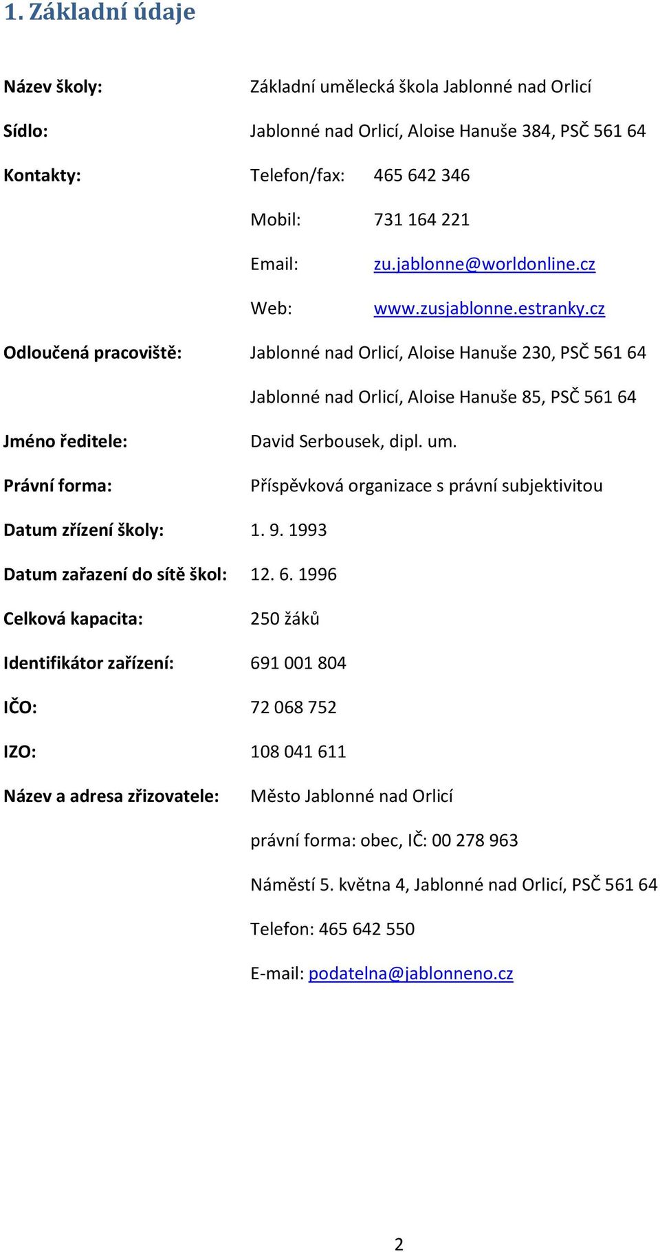 cz Odloučená pracoviště: Jablonné nad Orlicí, Aloise Hanuše 230, PSČ 561 64 Jablonné nad Orlicí, Aloise Hanuše 85, PSČ 561 64 Jméno ředitele: Právní forma: David Serbousek, dipl. um.