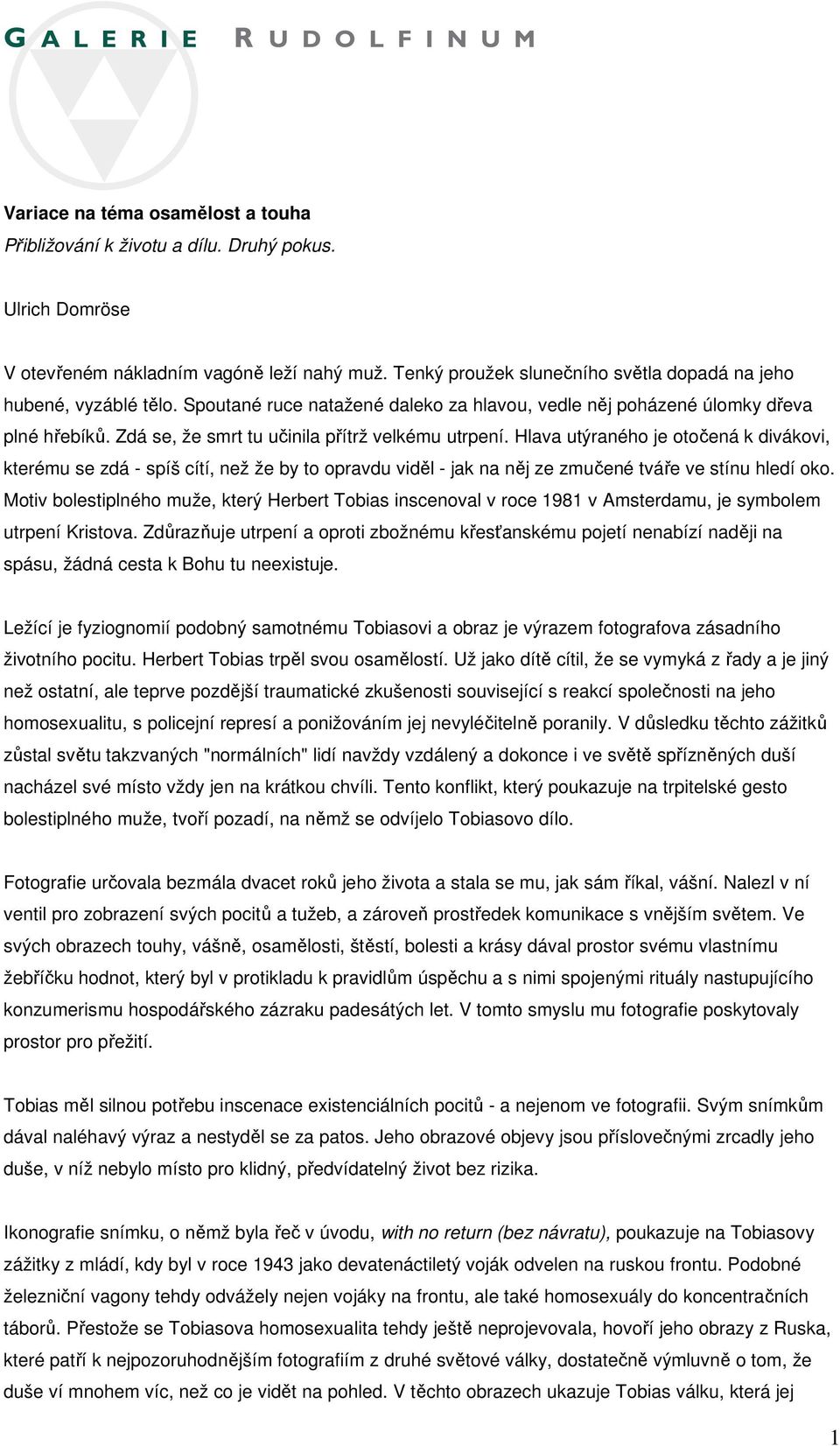 Zdá se, že smrt tu učinila přítrž velkému utrpení. Hlava utýraného je otočená k divákovi, kterému se zdá - spíš cítí, než že by to opravdu viděl - jak na něj ze zmučené tváře ve stínu hledí oko.