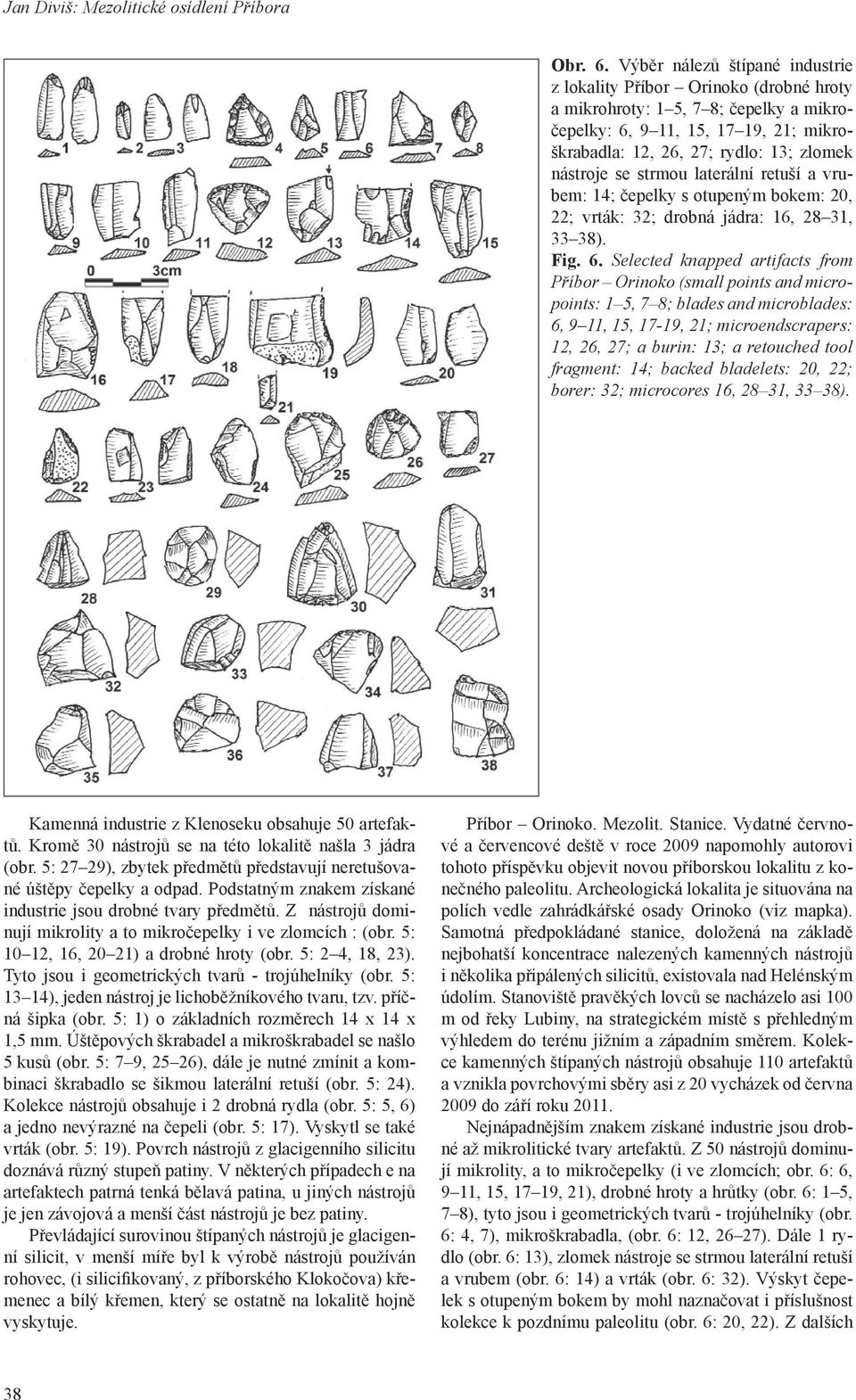 se strmou laterální retuší a vrubem: 14; čepelky s otupeným bokem: 20, 22; vrták: 32; drobná jádra: 16, 28 31, 33 38). Fig. 6.