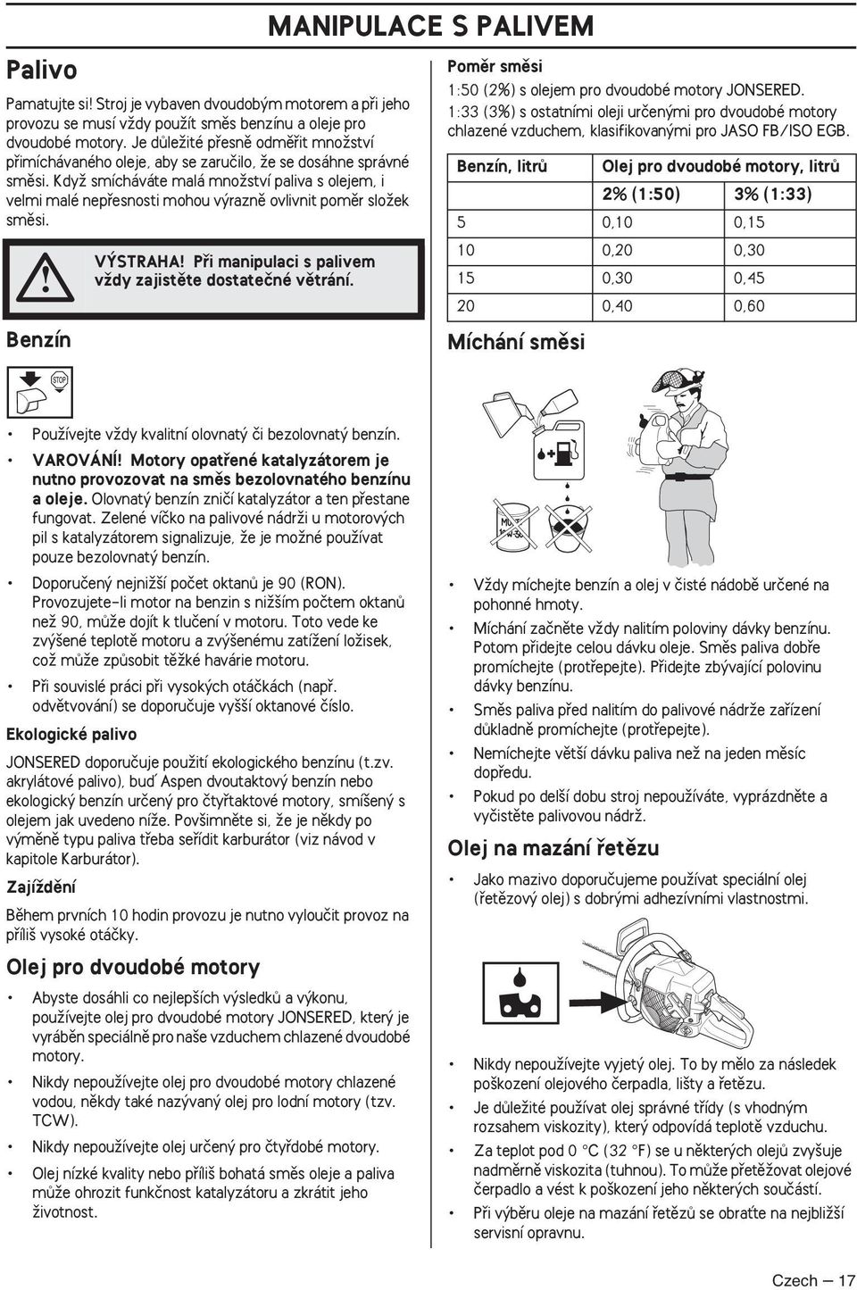 KdyÏ smícháváte malá mnoïství paliva s olejem, i velmi malé nepfiesnosti mohou v raznû ovlivnit pomûr sloïek smûsi. Benzín V STRAHA Pfii manipulaci s palivem vïdy zajistûte dostateãné vûtrání.