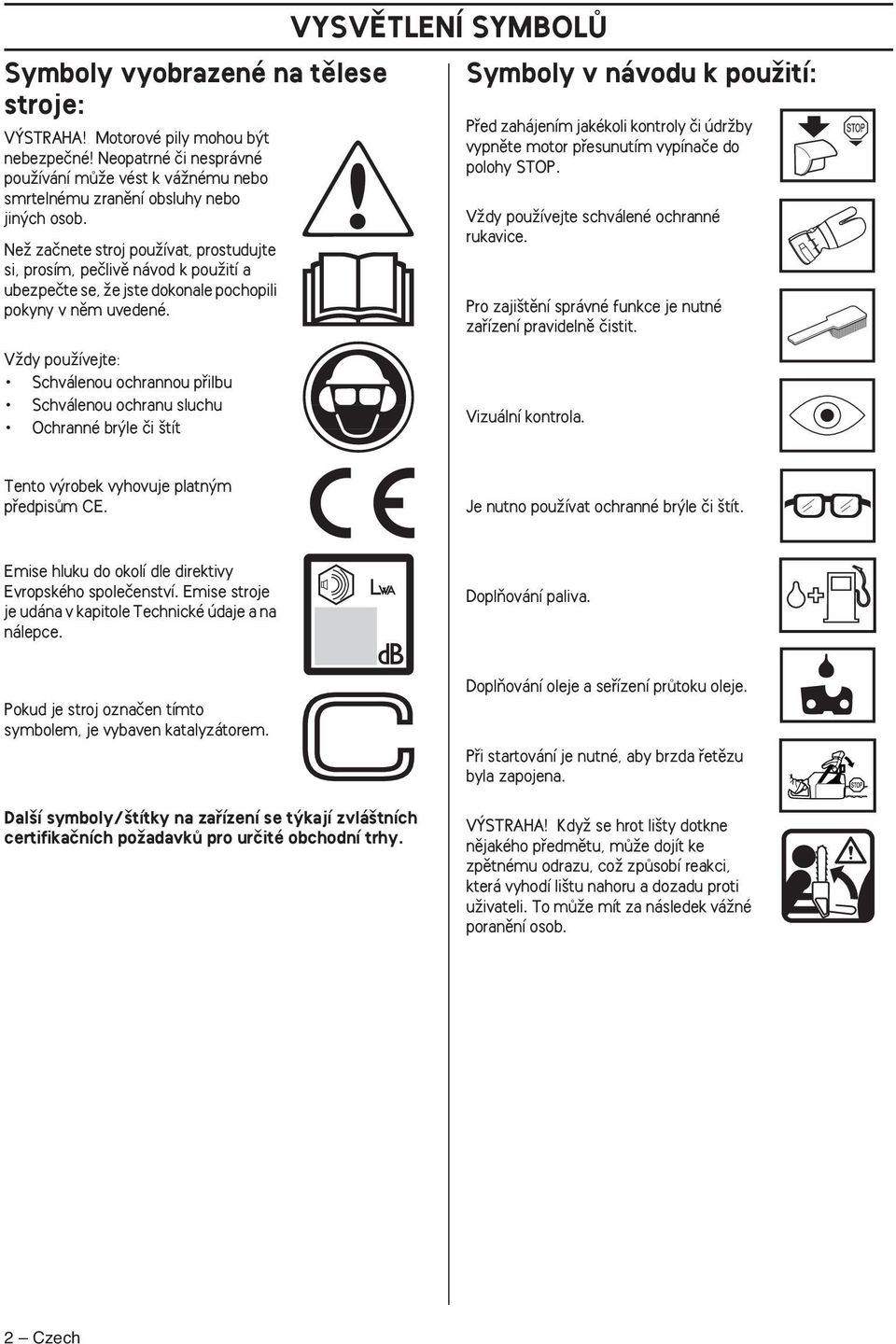 VÏdy pouïívejte: Schválenou ochrannou pfiilbu Schválenou ochranu sluchu Ochranné br le ãi tít VYSVùTLENÍ SYMBOLÒ Symboly v návodu k pouïití: Pfied zahájením jakékoli kontroly ãi údrïby vypnûte motor