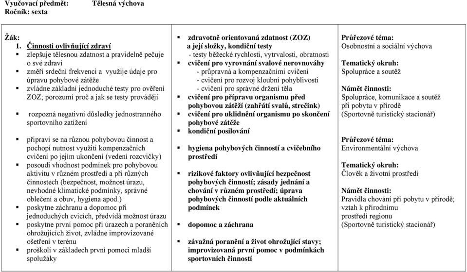 ověření ZOZ; porozumí proč a jak se testy provádějí rozpozná negativní důsledky jednostranného sportovního zatížení připraví se na různou pohybovou činnost a pochopí nutnost využití kompenzačních