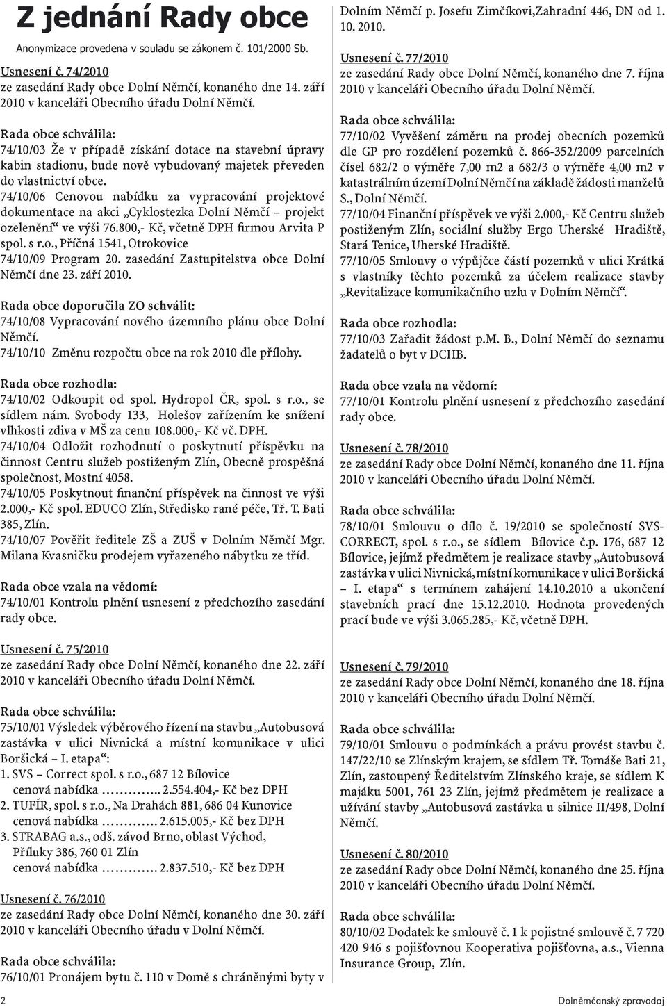 74/10/06 Cenovou nabídku za vypracování projektové dokumentace na akci Cyklostezka Dolní Němčí projekt ozelenění ve výši 76.800,- Kč, včetně DPH firmou Arvita P spol. s r.o., Příčná 1541, Otrokovice 74/10/09 Program 20.