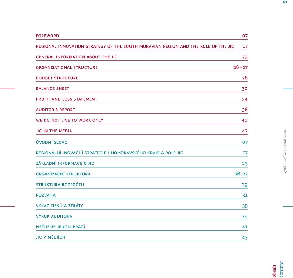 42 úvodní slovo 07 regionální inovační strategie jihomoravského kraje a role jic 17 základní informace o jic 23 organizační struktura 26-27 výroční
