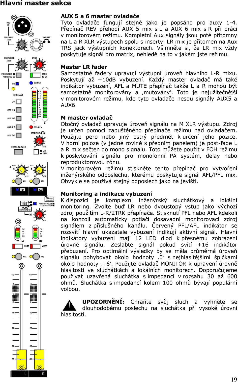 Všimněte si, že LR mix vždy poskytuje signál pro matrix, nehledě na to v jakém jste režimu. Master LR fader Samostatné fadery upravují výstupní úroveň hlavního L-R mixu. Poskytují až +10dB vybuzení.