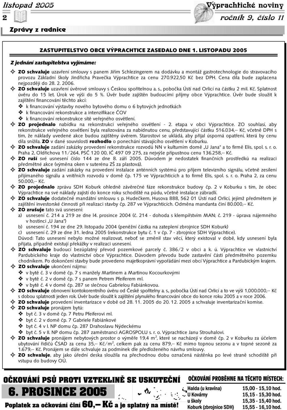 Prave ka Výprachtice za cenu 270.922,50 K bez DPH. Cena díla bude zaplacena nejpozd ji do 28. 2. 2006. ZO schvaluje uzav ení úv rové smlouvy s eskou spo itelnou a. s., pobo ka Ústí nad Orlicí na ástku 2 mil.