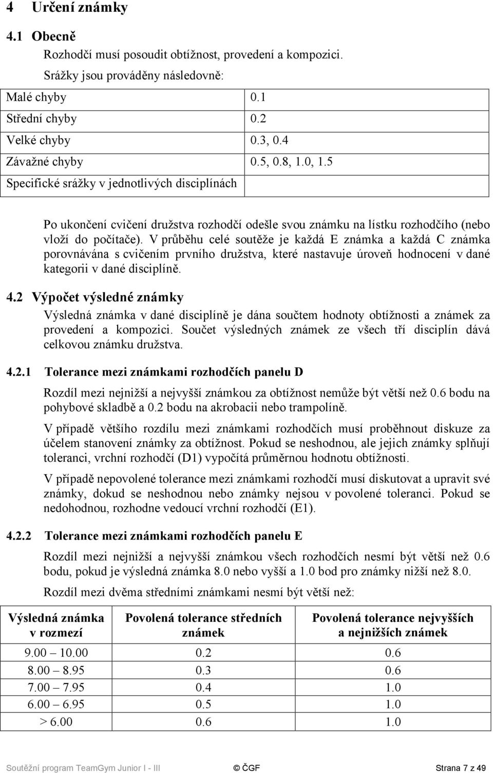 V průběhu celé soutěže je každá E známka a každá C známka porovnávána s cvičením prvního družstva, které nastavuje úroveň hodnocení v dané kategorii v dané disciplíně. 4.