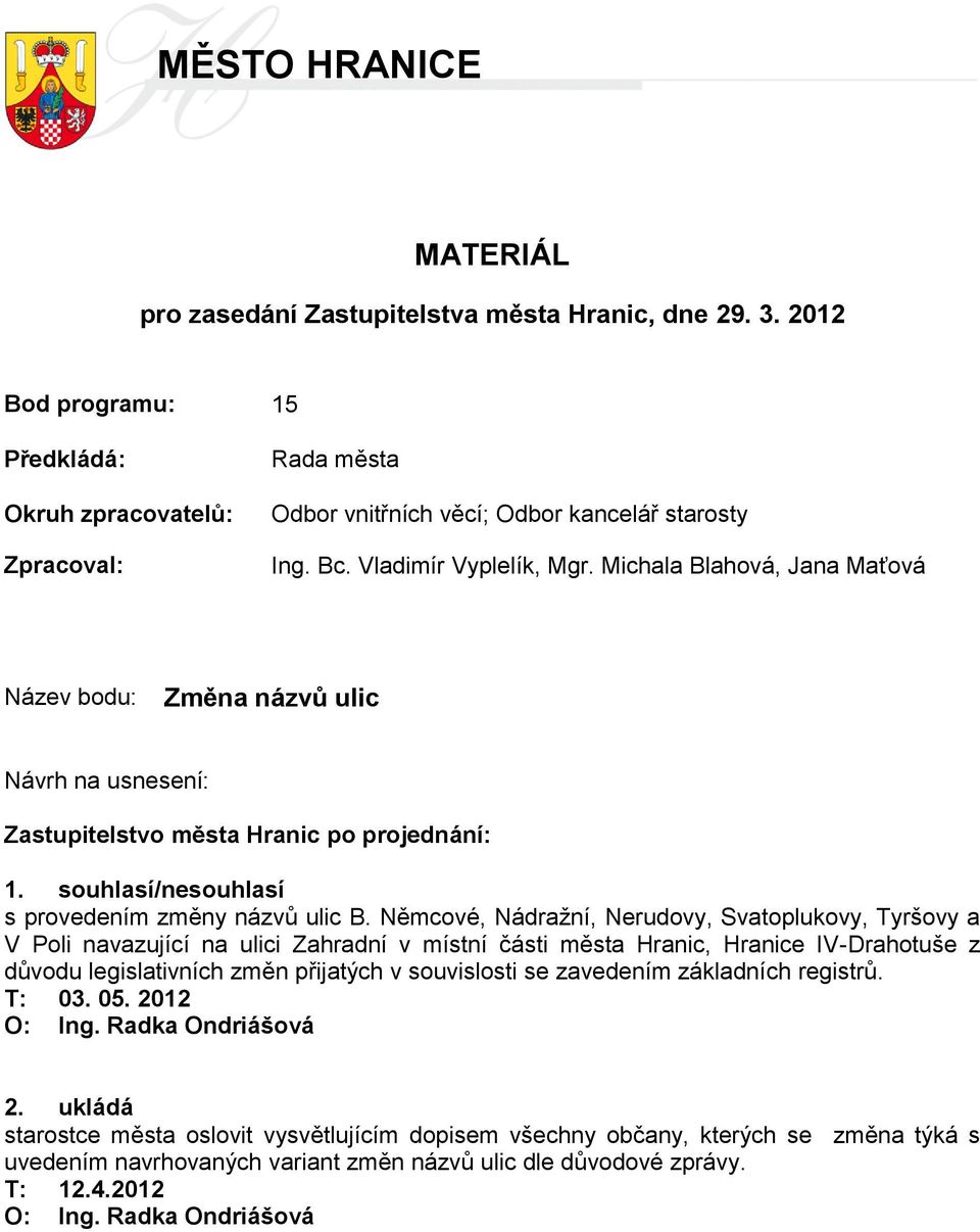 Michala Blahová, Jana Maťová Název bodu: Změna názvů ulic Návrh na usnesení: Zastupitelstvo města Hranic po projednání: 1. souhlasí/nesouhlasí s provedením změny názvů ulic B.