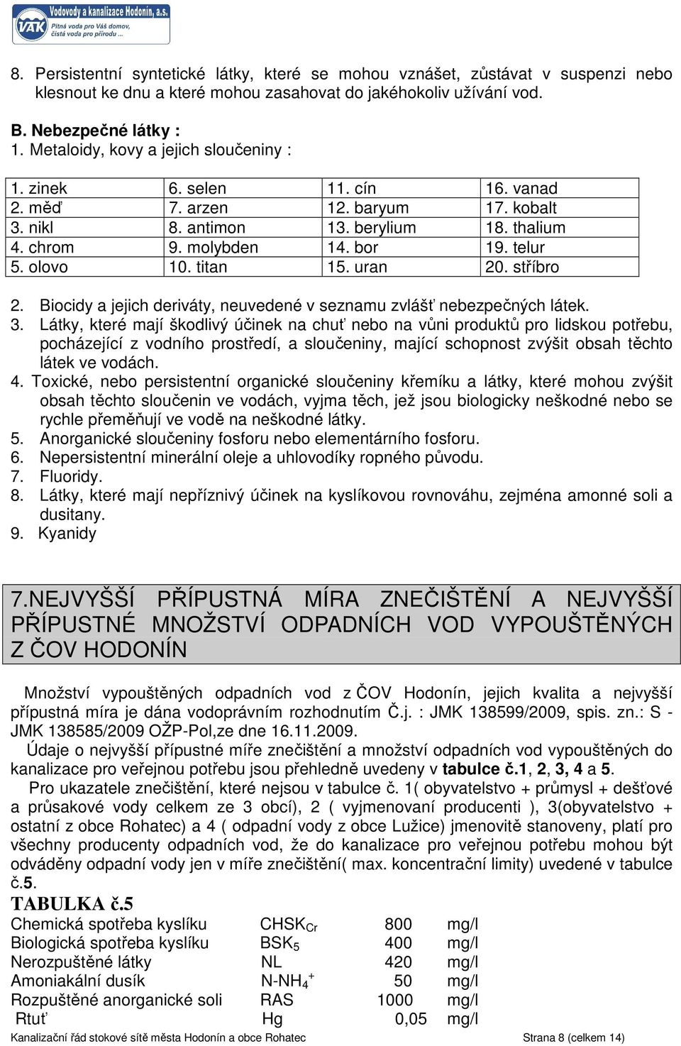 olovo 10. titan 15. uran 20. stříbro 2. Biocidy a jejich deriváty, neuvedené v seznamu zvlášť nebezpečných látek. 3.