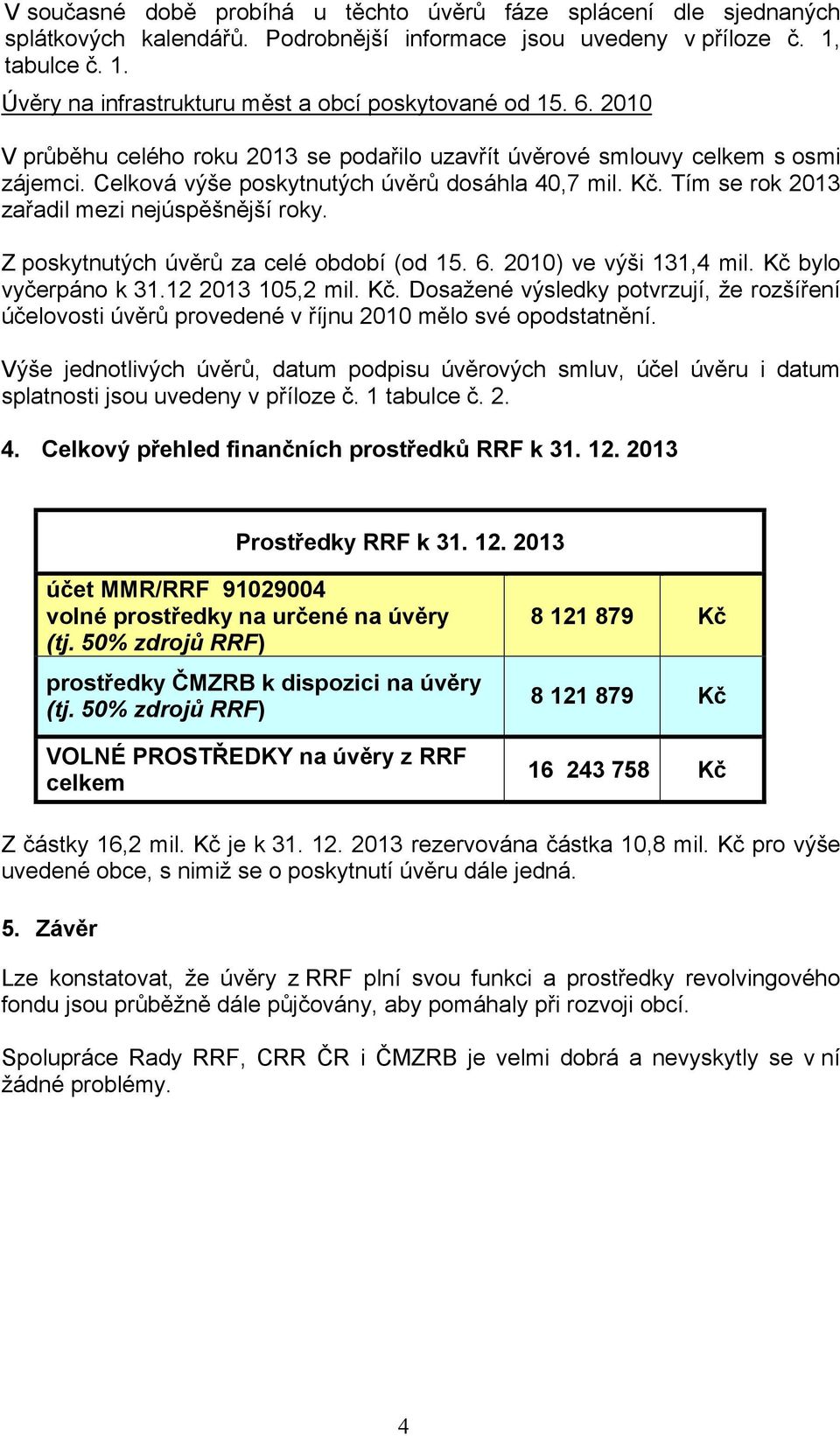 Z poskytnutých úvěrů za celé období (od 15. 6. 2010) ve výši 131,4 mil. Kč bylo vyčerpáno k 31.12 2013 105,2 mil. Kč. Dosažené výsledky potvrzují, že rozšíření účelovosti úvěrů provedené v říjnu 2010 mělo své opodstatnění.