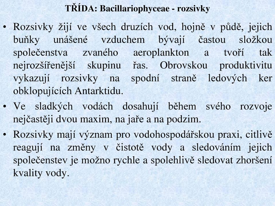 Obrovskou produktivitu vykazují rozsivky na spodní straně ledových ker obklopujících Antarktidu.