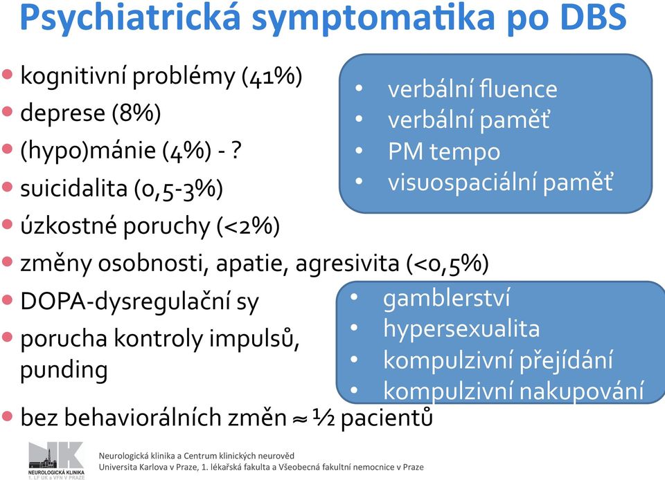 paměť změny osobnosti, apatie, agresivita (<0,5%) DOPA- dysregulační sy gamblerství porucha kontroly