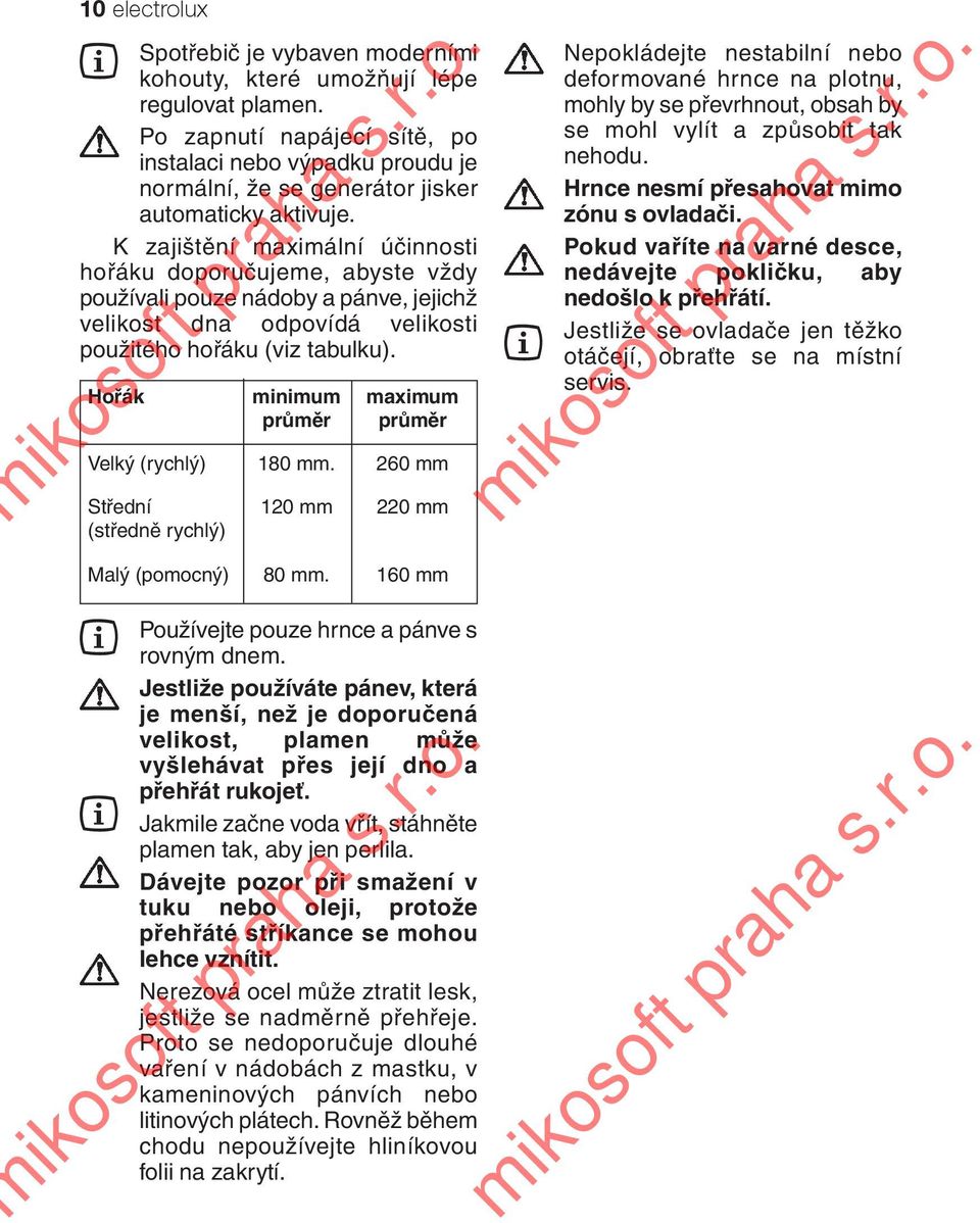 K zajištění maximální účinnosti hořáku doporučujeme, abyste vždy používali pouze nádoby a pánve, jejichž velikost dna odpovídá velikosti použitého hořáku (viz tabulku).