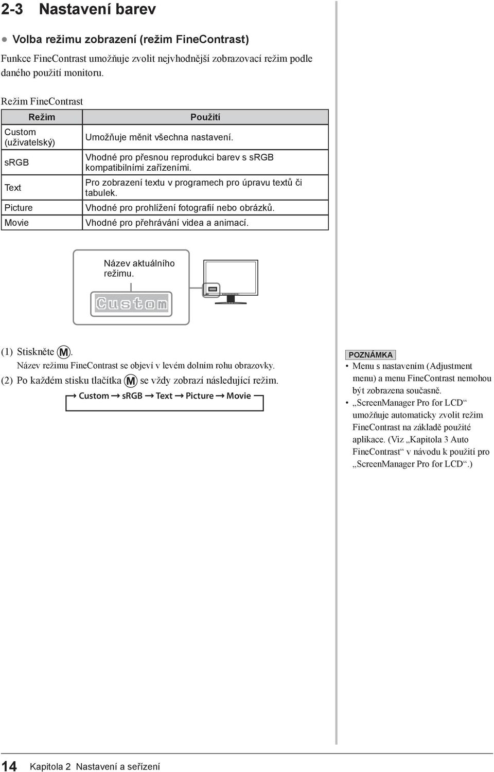 Text Pro zobrazení textu v programech pro úpravu textů či tabulek. Picture Vhodné pro prohlížení fotografií nebo obrázků. Movie Vhodné pro přehrávání videa a animací. Název aktuálního režimu.