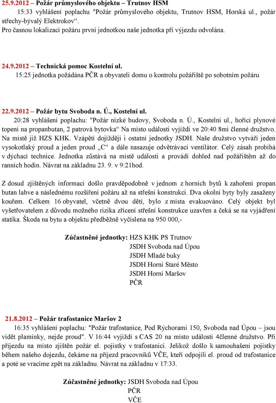 15:25 jednotka poţádána a obyvateli domu o kontrolu poţářiště po sobotním poţáru 22.9.2012 Požár bytu Svoboda n. Ú., Kostelní ul.