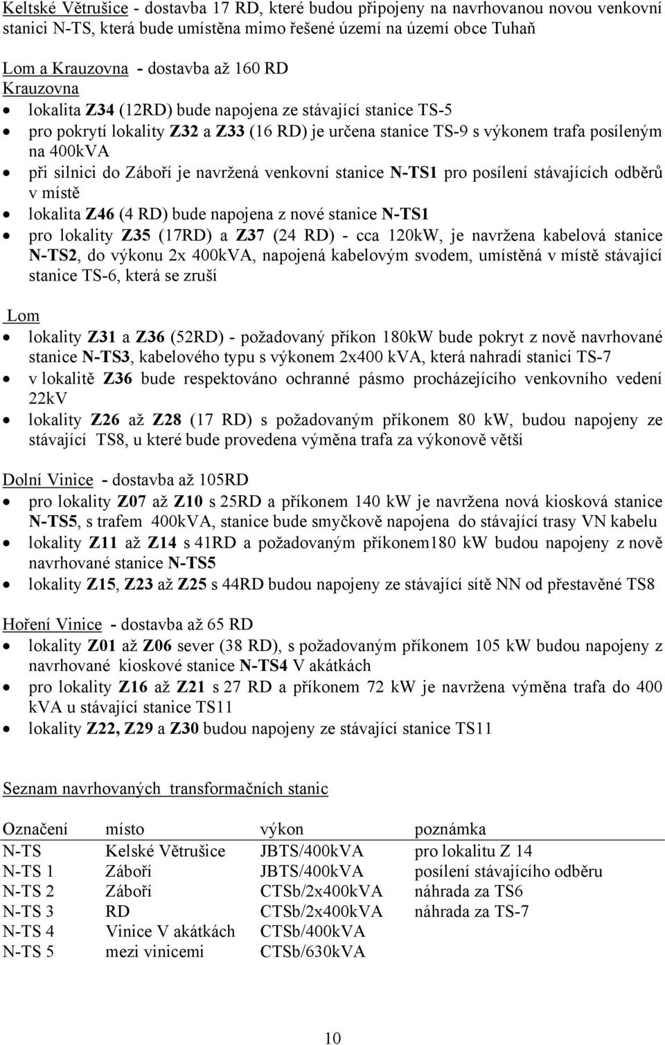 navržená venkovní stanice N-TS1 pro posílení stávajících odběrů v místě lokalita Z46 (4 RD) bude napojena z nové stanice N-TS1 pro lokality Z35 (17RD) a Z37 (24 RD) - cca 120kW, je navržena kabelová