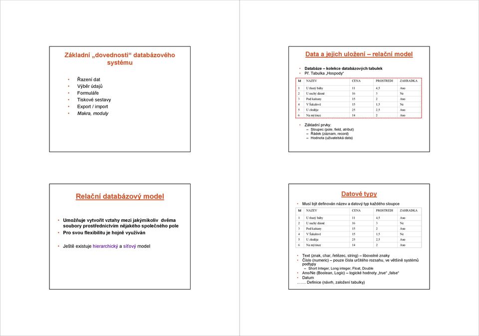 Tabulka Hospody Id NAZEV CENA PROSTREDI ZAHRADKA U tlustý báby, Ano U suchý dásně Ne Pod kaštany Ano V Šakalově, Ne U zloděje, Ano Na mýtince Ano Základní prvky: Sloupec (pole, field, atribut) Řádek