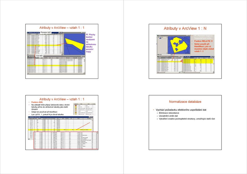 !! Nelze použít při klasifikaci; pro ni musíme nějak získat vztah : Cizí klíč Atributy v ArcView vztah : Funkce JOIN Na základě klíče připojí (dočasně) data z