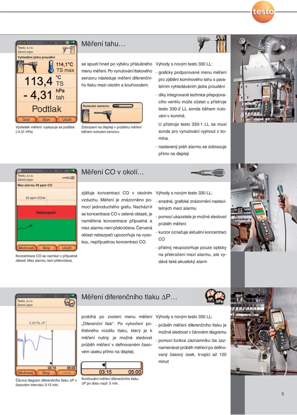 Nulování senzoru Zobrazení na displeji v průběhu měření během nulování senzoru Výhody s novým testo 330 LL: graficky podporované menu měření pro zjištění komínového tahu s paralelním vyhledáváním