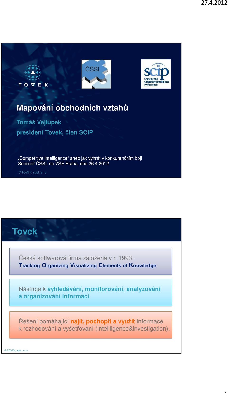 Tracking Organizing Visualizing Elements of Knowledge Nástroje k vyhledávání, monitorování, analyzování a
