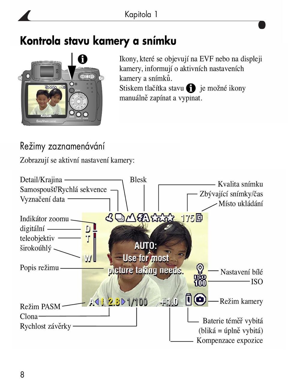 Režimy zaznamenávání Zobrazují se aktivní nastavení kamery: Detail/Krajina Samospoušť/Rychlá sekvence Vyznačení data Indikátor zoomu digitální