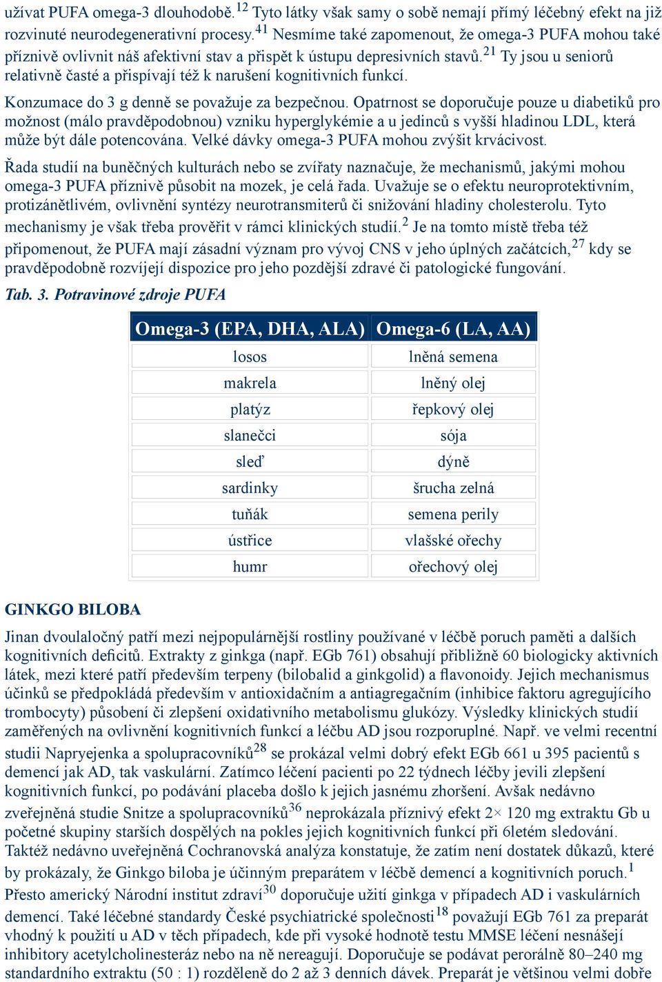 21 Ty jsou u seniorů relativně časté a přispívají též k narušení kognitivních funkcí. Konzumace do 3 g denně se považuje za bezpečnou.