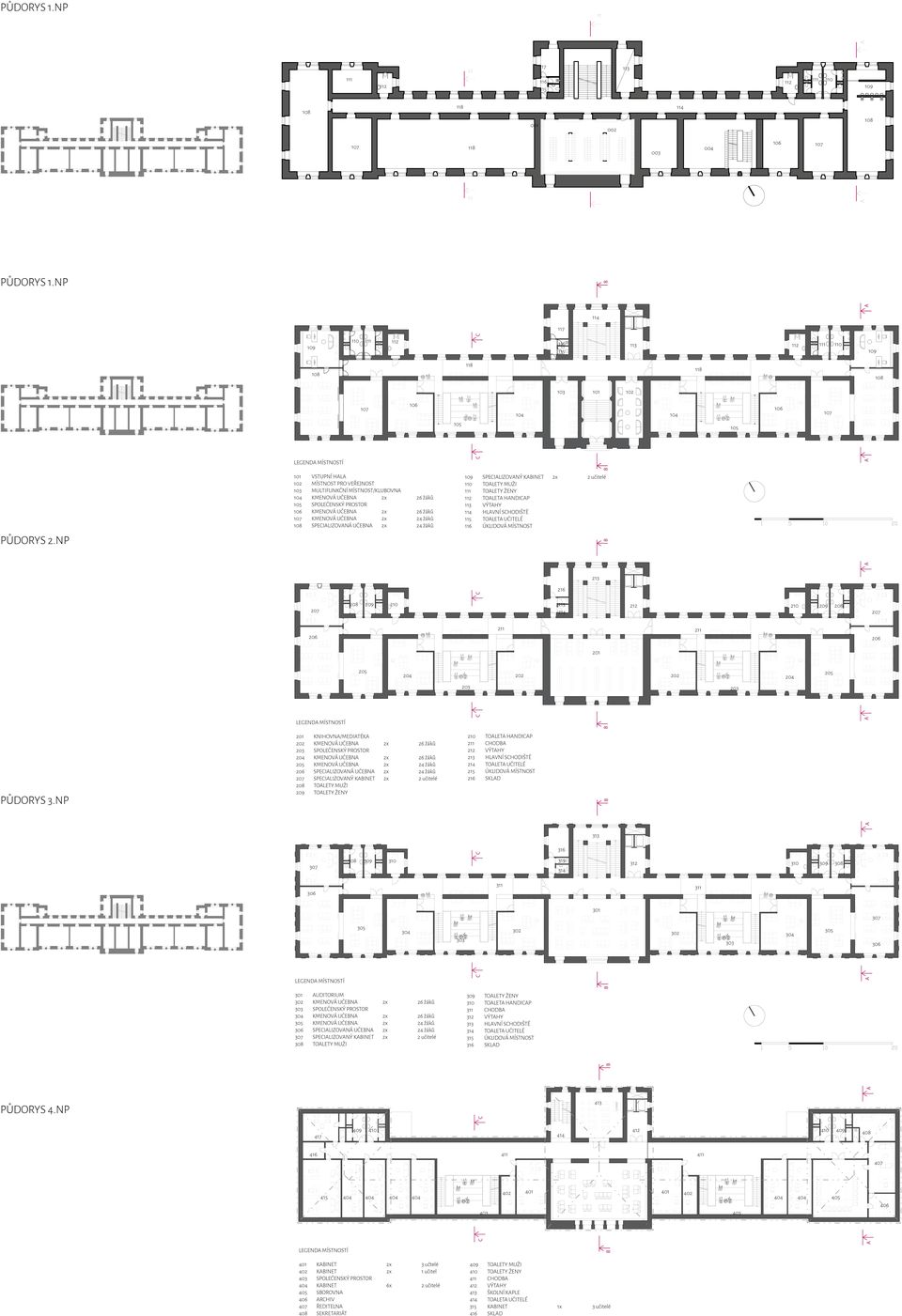 SPEILIZOVNÁ UČEN 2x 24 žáků 109 SPEILIZOVNÝ KINET 2x 2 učitelé 110 TOLETY MUŽI 111 TOLETY ŽENY 112 TOLET HNDIP 113 VÝTHY 114 HLVNÍ SHODIŠTĚ 115 TOLET UČITELÉ 116 ÚKLIDOVÁ MÍSTNOST 213 216 207 208 209