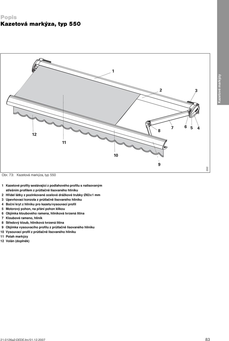 trubky 63x1 mm 3 Upevňovací konzola z průtlačně lisovaného hliníku 4 Boční kryt z hliníku pro kazetu/vysouvací profil 5 Motorový pohon, na přání pohon klikou 6 Objímka