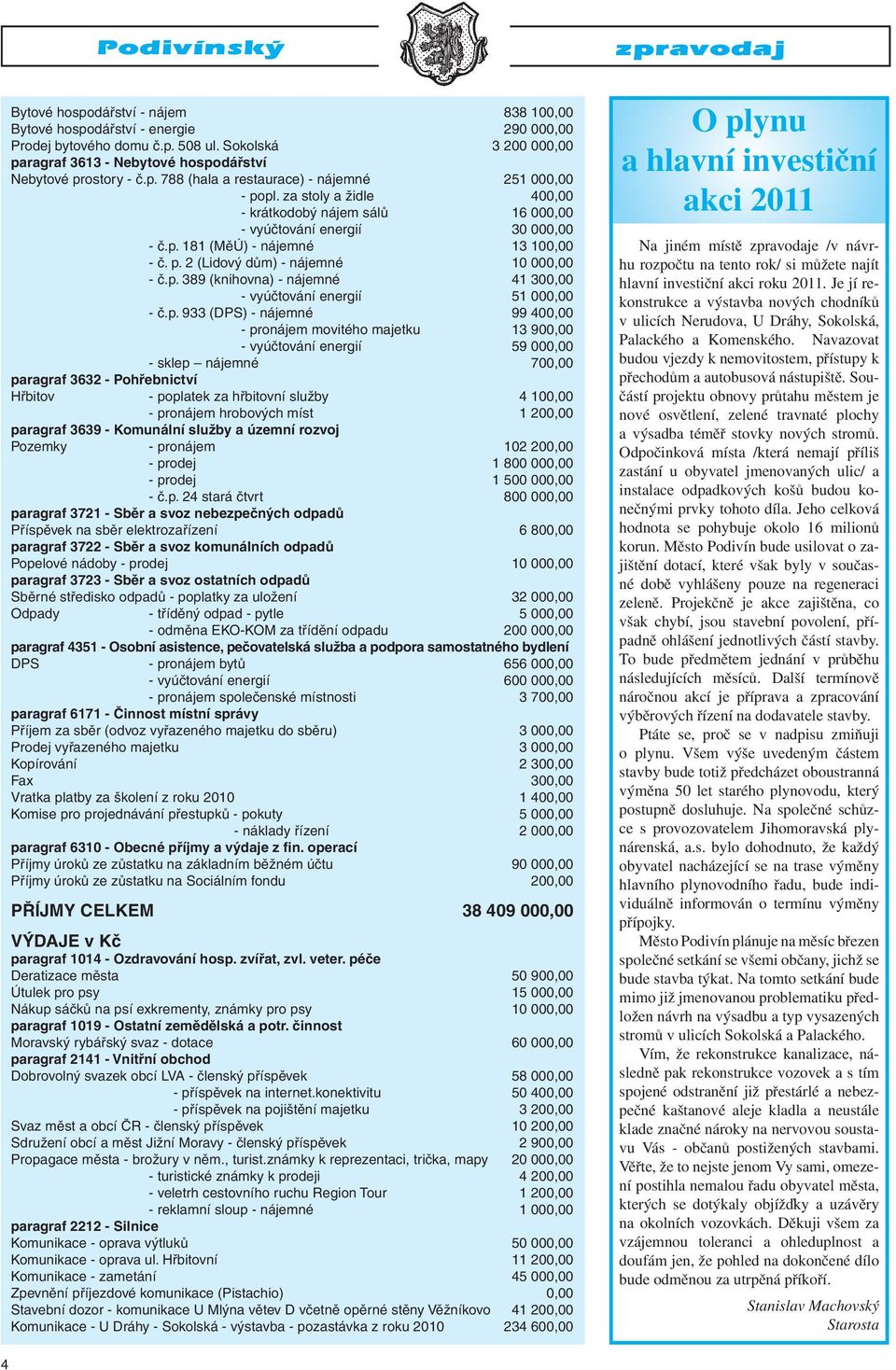 p. 933 (DPS) - nájemné 99 400,00 - pronájem movitého majetku 13 900,00 - vyúčtování energií 59 000,00 - sklep nájemné 700,00 paragraf 3632 - Pohřebnictví Hřbitov - poplatek za hřbitovní služby 4