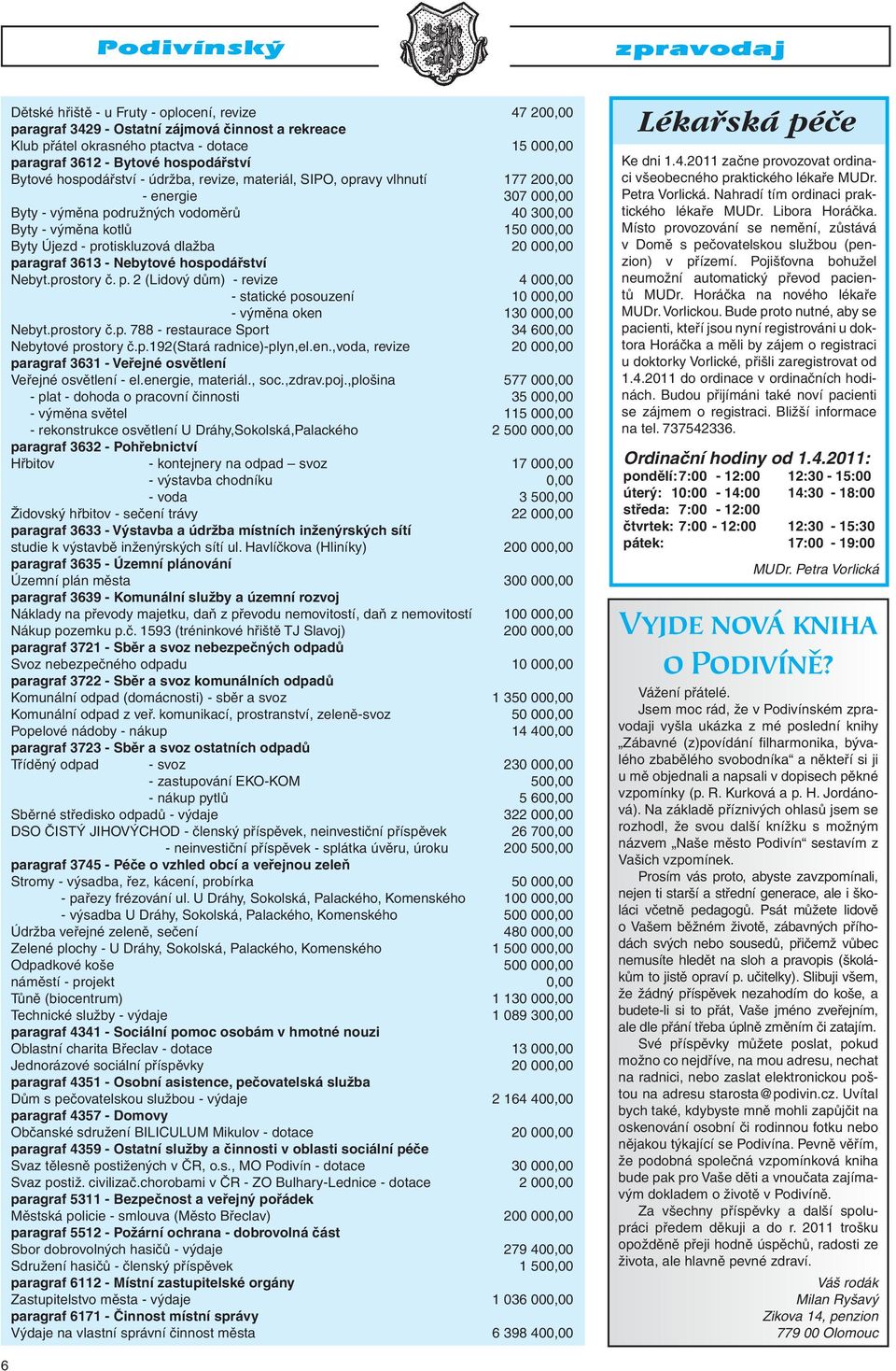 dlažba 20 000,00 paragraf 3613 - Nebytové hospodářství Nebyt.prostory č. p. 2 (Lidový dům) - revize 4 000,00 - statické posouzení 10 000,00 - výměna oken 130 000,00 Nebyt.prostory č.p. 788 - restaurace Sport 34 600,00 Nebytové prostory č.