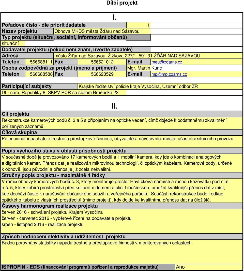 Martin Kunc Telefon 566688588 Fax 566623529 E-mail mp@mp.zdarns.cz Participující subjekty Krajské ředitelství policie kraje Vysočina, Územní odbor ZR DI - nám.