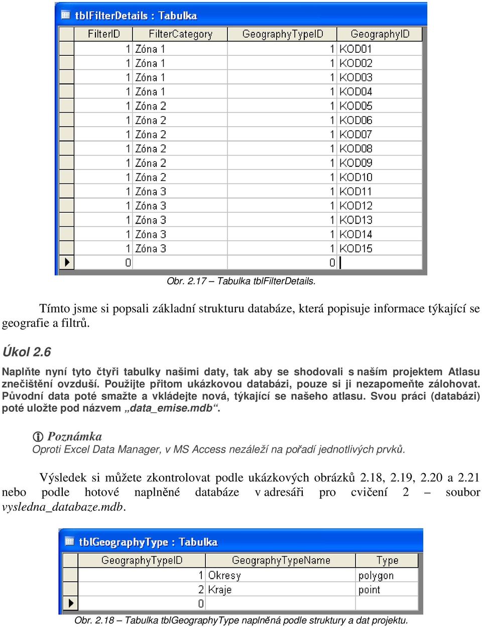 Původní data poté smažte a vkládejte nová, týkající se našeho atlasu. Svou práci (databázi) poté uložte pod názvem data_emise.mdb.