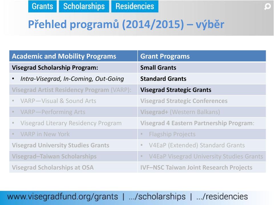 Visegrad+ (Western Balkans) Visegrad Literary Residency Program Visegrad 4 Eastern Partnership Program: VARP in New York Flagship Projects Visegrad University Studies