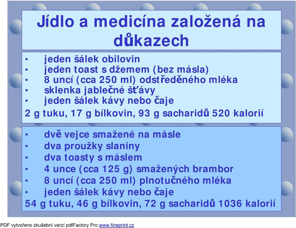 kalorií dvě vejce smažené na másle dva proužky slaniny dva toasty s máslem 4 unce (cca 125 g) smažených brambor 8