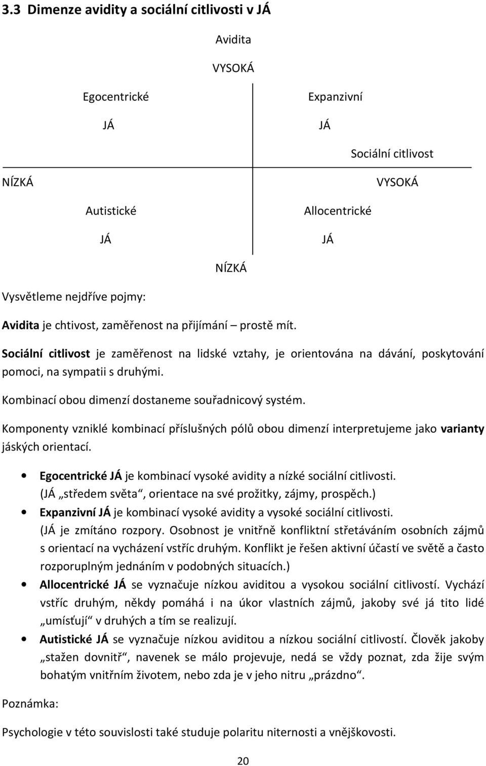 Kombinací obou dimenzí dostaneme souřadnicový systém. Komponenty vzniklé kombinací příslušných pólů obou dimenzí interpretujeme jako varianty jáských orientací.