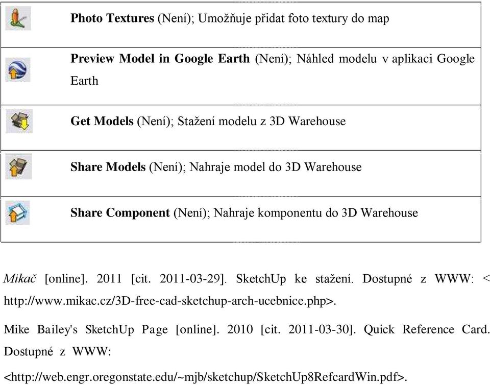 Mikač [online]. 2011 [cit. 2011-03-29]. SketchUp ke stažení. Dostupné z WWW: < http://www.mikac.cz/3d-free-cad-sketchup-arch-ucebnice.php>.