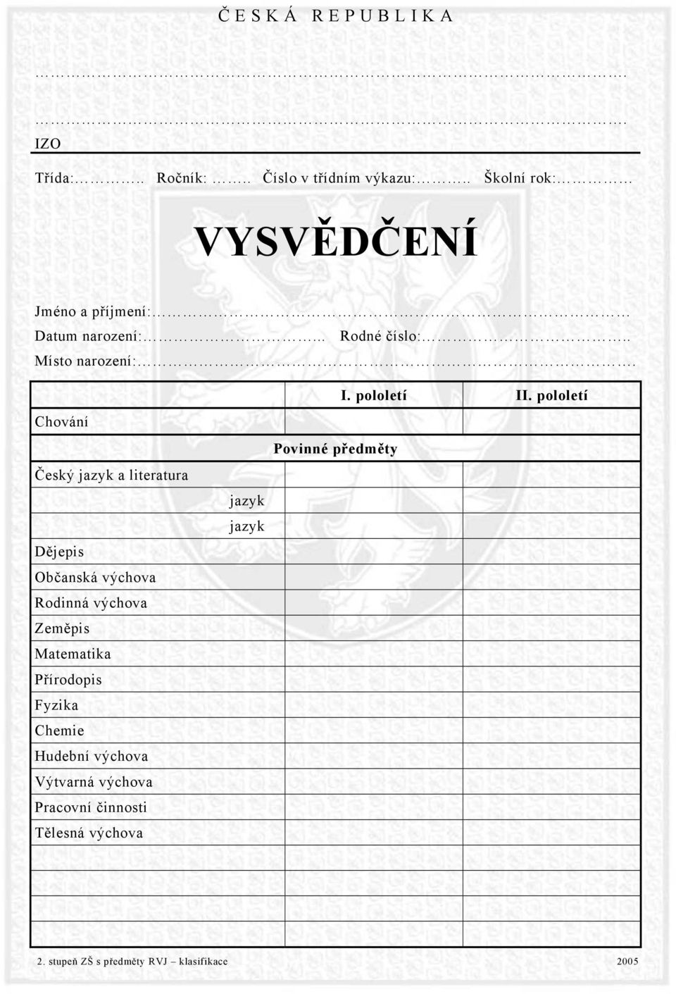 Chování Český jazyk a literatura Dějepis Občanská výchova Rodinná výchova Zeměpis Matematika Přírodopis Fyzika