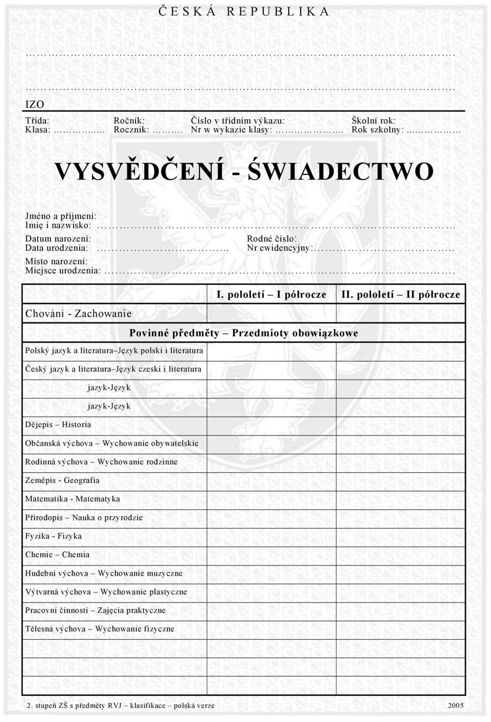 Chování - Zachowanie Polský jazyk a literatura Język polski i literatura Český jazyk a literatura Język czeski i literatura Dějepis Historia jazyk-język jazyk-język Občanská výchova Wychowanie