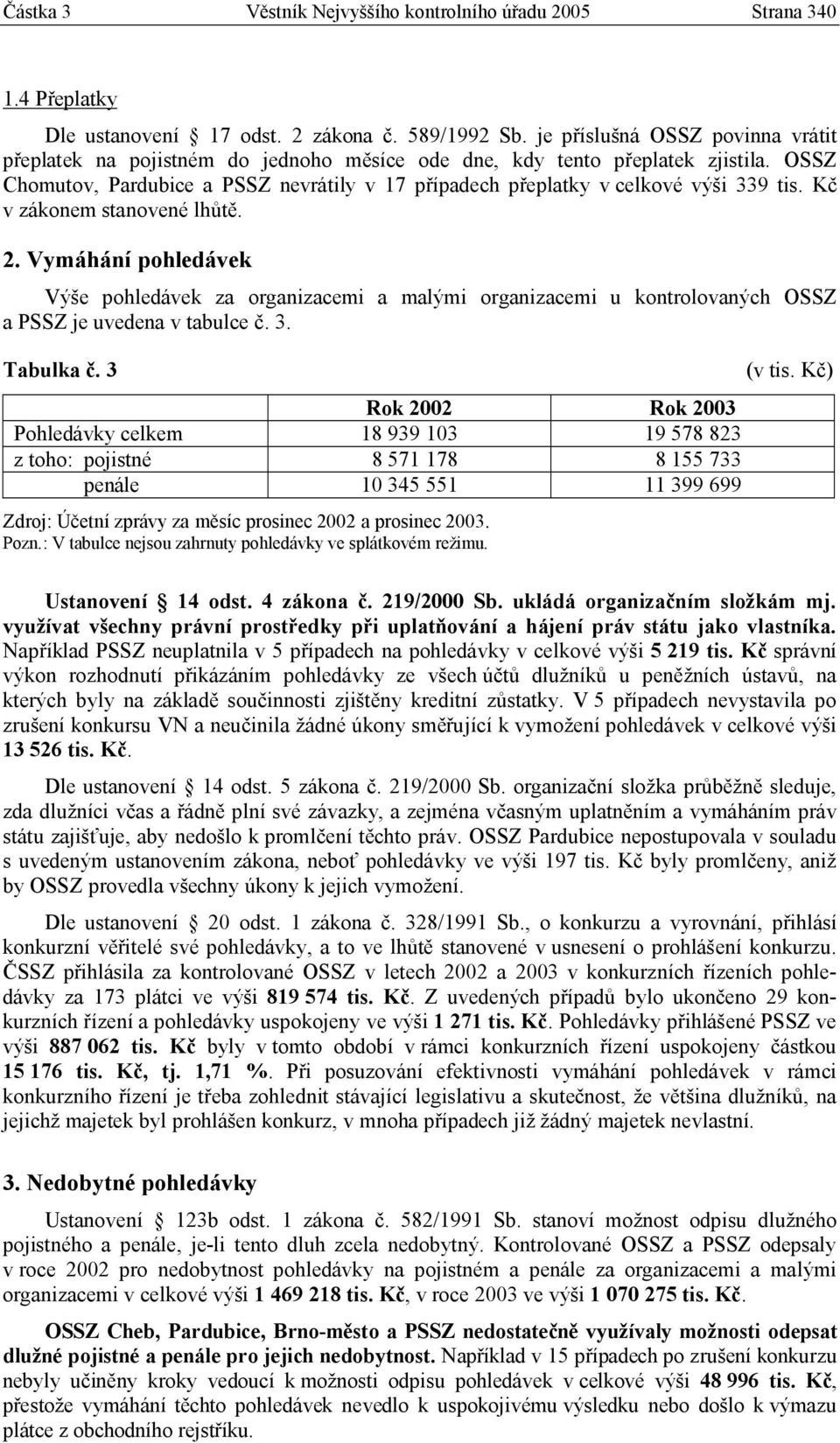 OSSZ Chomutov, Pardubice a PSSZ nevrátily v 17 případech přeplatky v celkové výši 339 tis. Kč v zákonem stanovené lhůtě. 2.