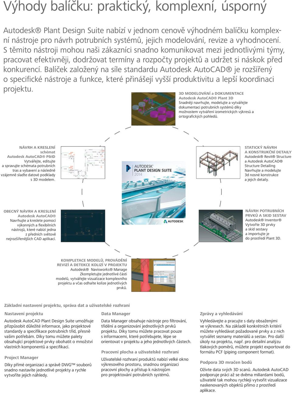 Balíček založený na síle standardu Autodesk AutoCAD je rozšířený o specifické nástroje a funkce, které přinášejí vyšší produktivitu a lepší koordinaci projektu.
