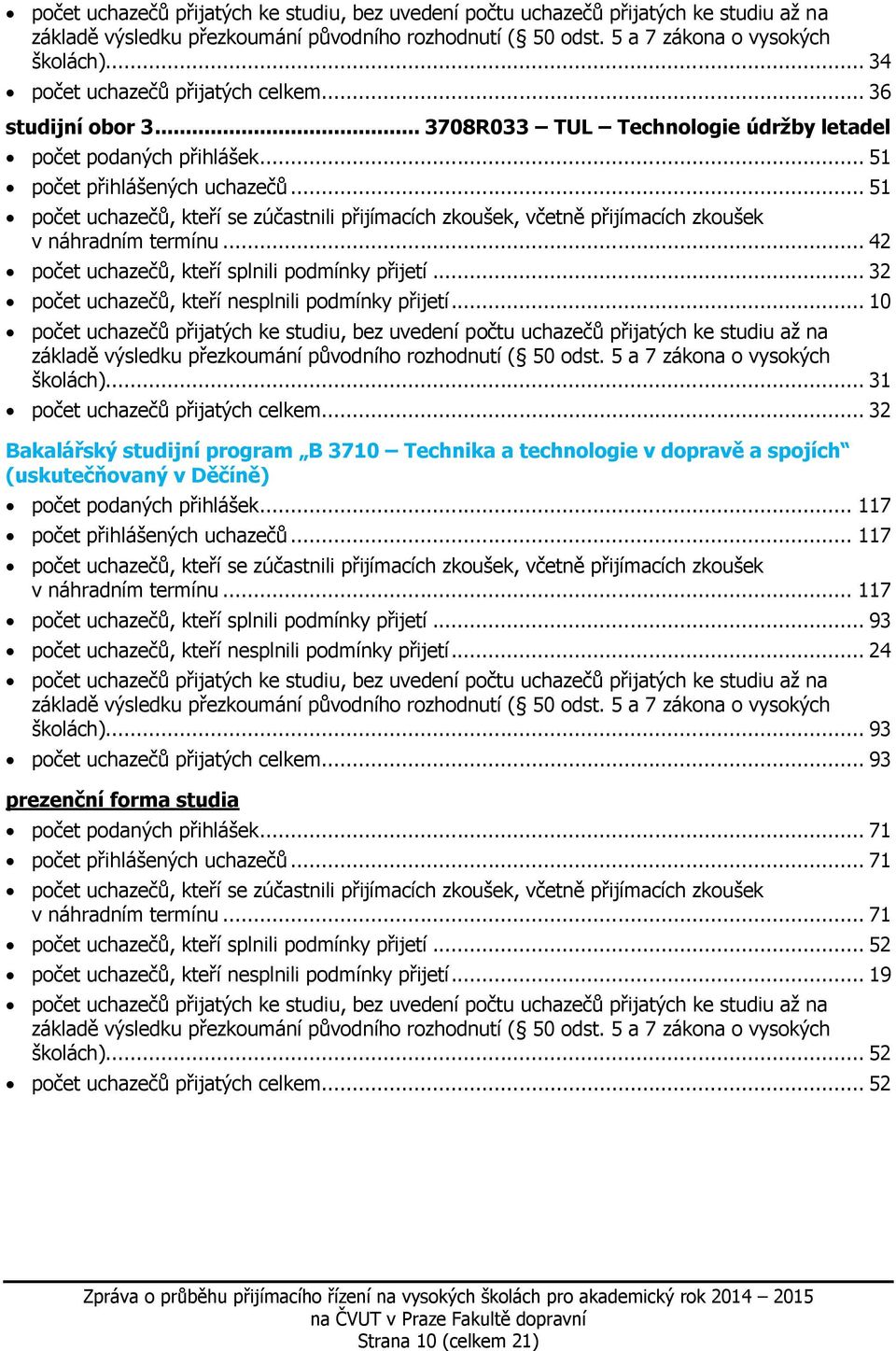 .. 32 Bakalářský studijní program B 3710 Technika a technologie v dopravě a spojích (uskutečňovaný v Děčíně) počet podaných přihlášek... 117 počet přihlášených uchazečů... 117 v náhradním termínu.