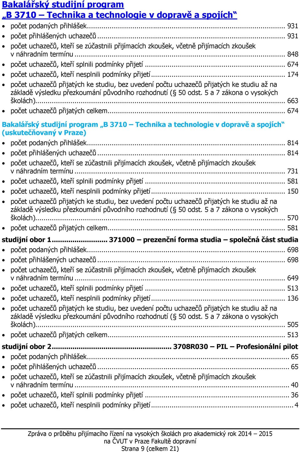 .. 674 Bakalářský studijní program B 3710 Technika a technologie v dopravě a spojích (uskutečňovaný v Praze) počet podaných přihlášek... 814 počet přihlášených uchazečů... 814 v náhradním termínu.