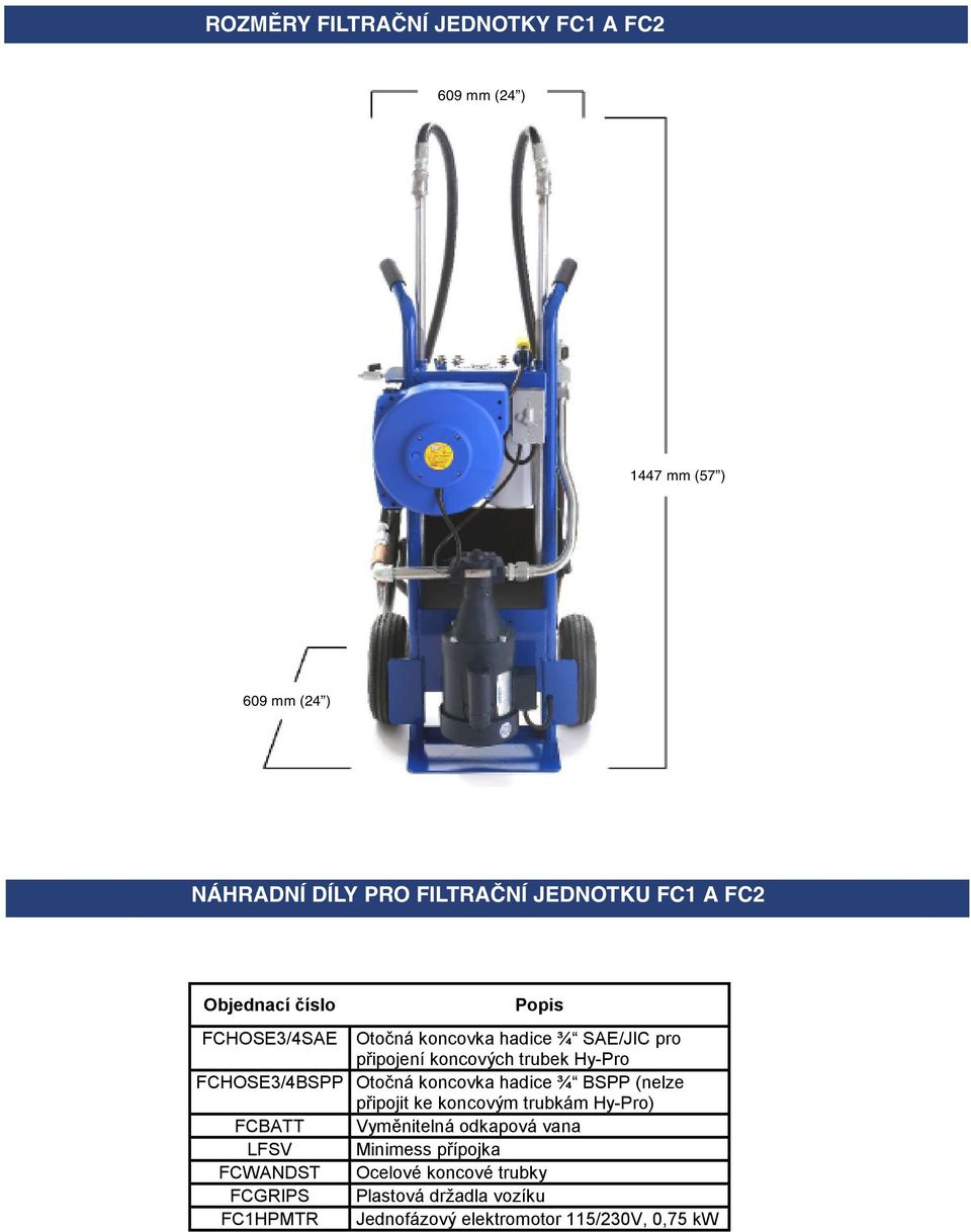 FCHOSE3/4BSPP Otočná koncovka hadice ¾ BSPP (nelze připojit ke koncovým trubkám Hy-Pro) FCBATT Vyměnitelná odkapová vana