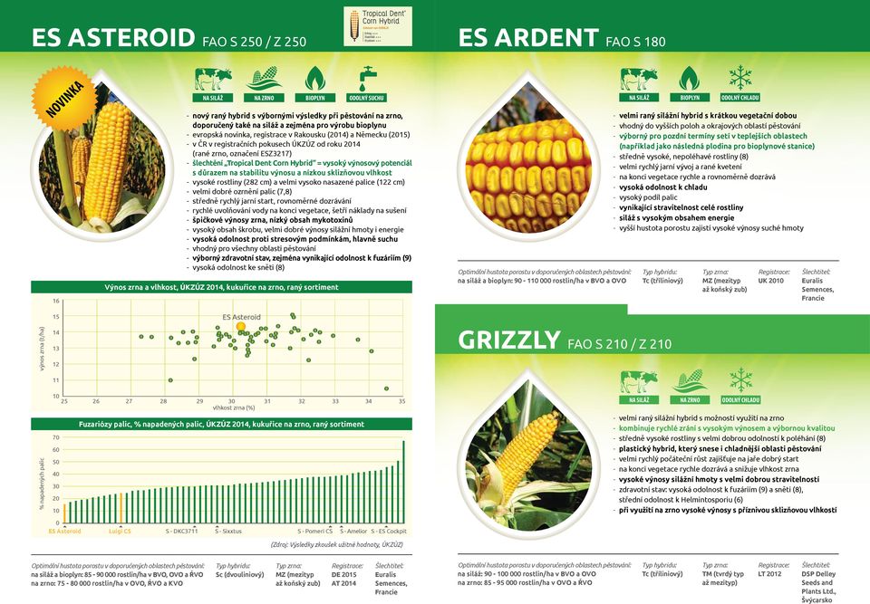 důrazem na stabilitu výnosu a nízkou sklizňovou vlhkost vysoké rostliny (282 cm) a velmi vysoko nasazené palice (122 cm) velmi dobré ozrnění palic (7,8) středně rychlý jarní start, rovnoměrné