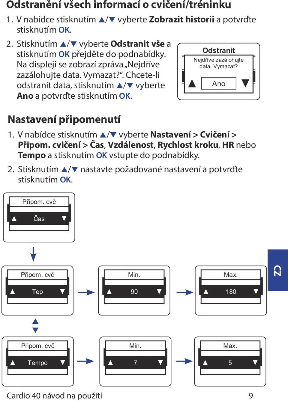 . Chcete-li odstranit data, stisknutím p/q vyberte Ano a potvrďte stisknutím OK. Nastavení připomenutí Odstranit Nejdříve zazálohujte data. Vymazat? Ano 1.