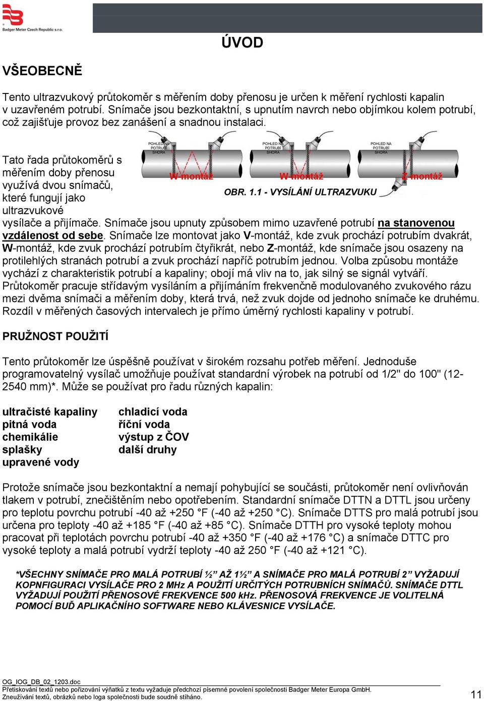 Tato řada průtokoměrů s měřením doby přenosu W-montáž W-montáž Z-montáž využívá dvou snímačů, OBR. 1.1 - VYSÍLÁNÍ ULTRAZVUKU které fungují jako ultrazvukové vysílače a přijímače.