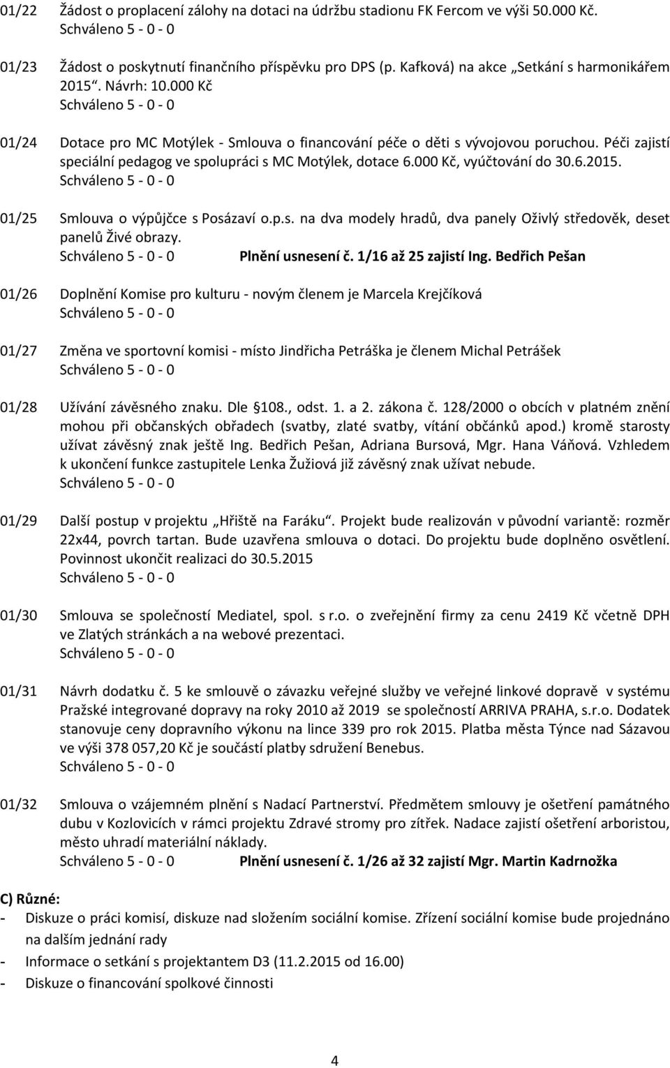 01/25 Smlouva o výpůjčce s Posázaví o.p.s. na dva modely hradů, dva panely Oživlý středověk, deset panelů Živé obrazy. Plnění usnesení č. 1/16 až 25 zajistí Ing.